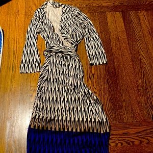 Diane Von Furstenberg Black and White Geometric Wrap Dress with Blue Hem